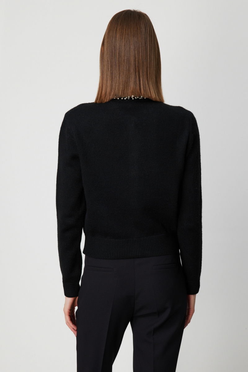 On Kadın Yakası Taşlı Triko Hırka 63927 Siyah - 4