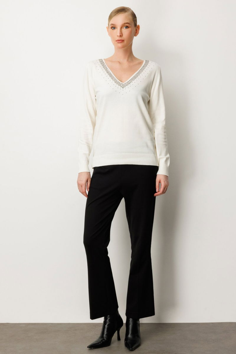 On Kadın Yakası Taşlı Triko Kazak 65314 Ekru - 3