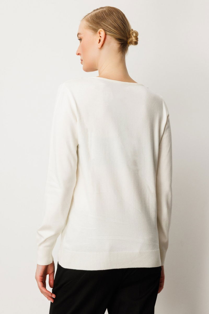 On Kadın Yakası Taşlı Triko Kazak 65314 Ekru - 4