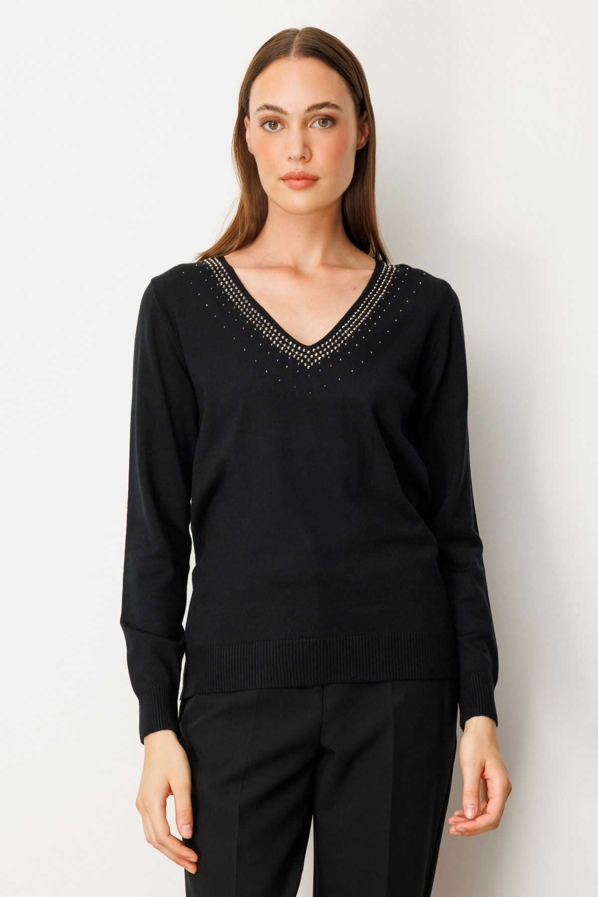 On Kadın Yakası Taşlı Triko Kazak 65314 Siyah - 1