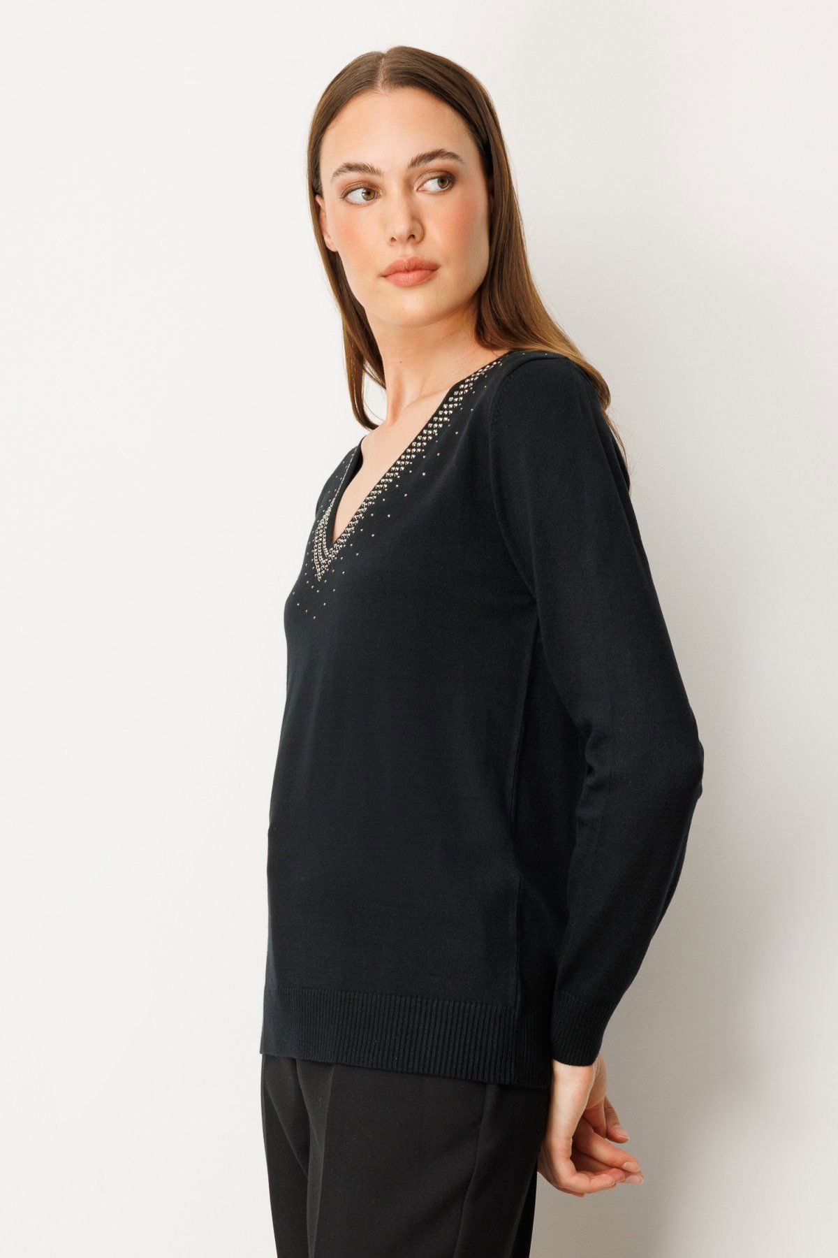 On Kadın Yakası Taşlı Triko Kazak 65314 Siyah - 2