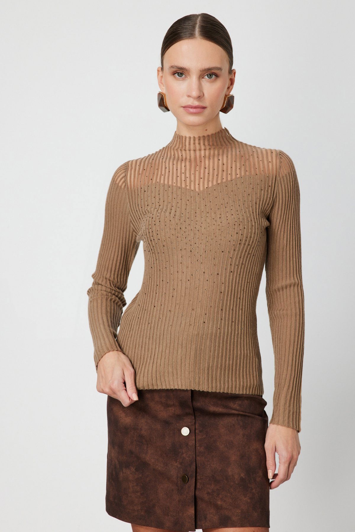 On Kadın Yakası Transparan Taşlı Triko Kazak 60340 Camel - 1