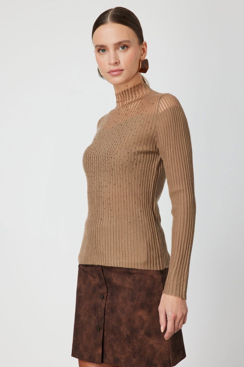 On Kadın Yakası Transparan Taşlı Triko Kazak 60340 Camel - 2