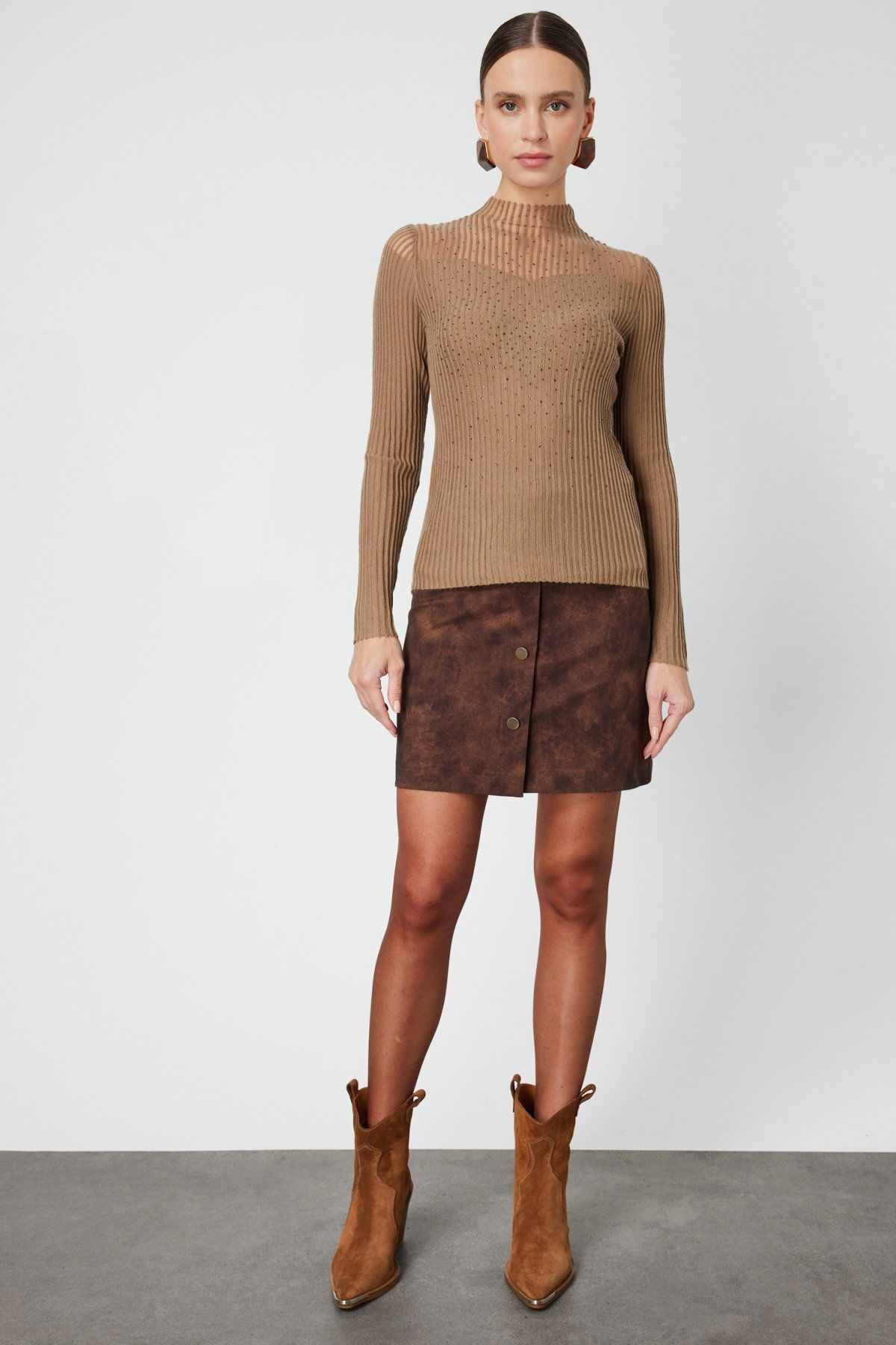 On Kadın Yakası Transparan Taşlı Triko Kazak 60340 Camel - 3