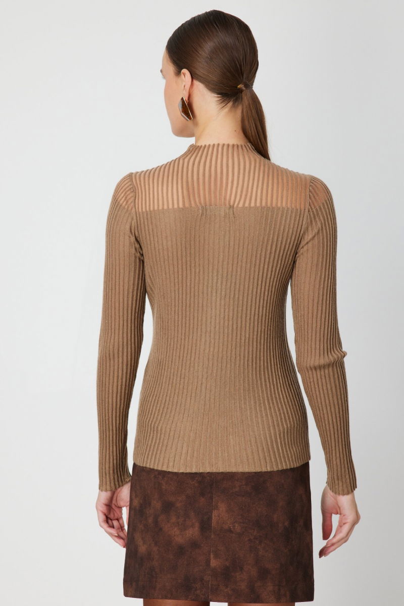 On Kadın Yakası Transparan Taşlı Triko Kazak 60340 Camel - 4