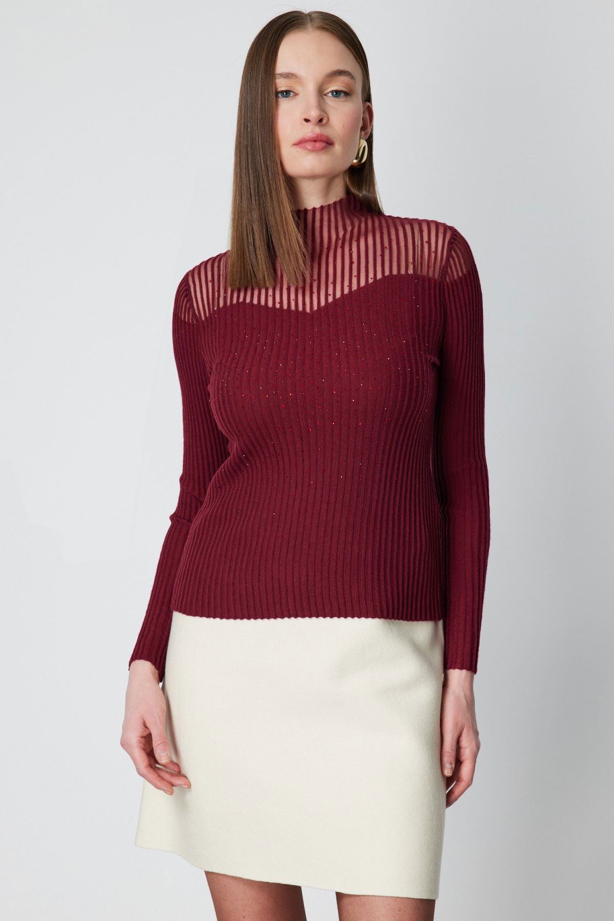 On Kadın Yakası Transparan Taşlı Triko Kazak 60340 Kırmızı - 1