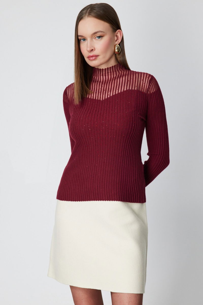 On Kadın Yakası Transparan Taşlı Triko Kazak 60340 Kırmızı - 2