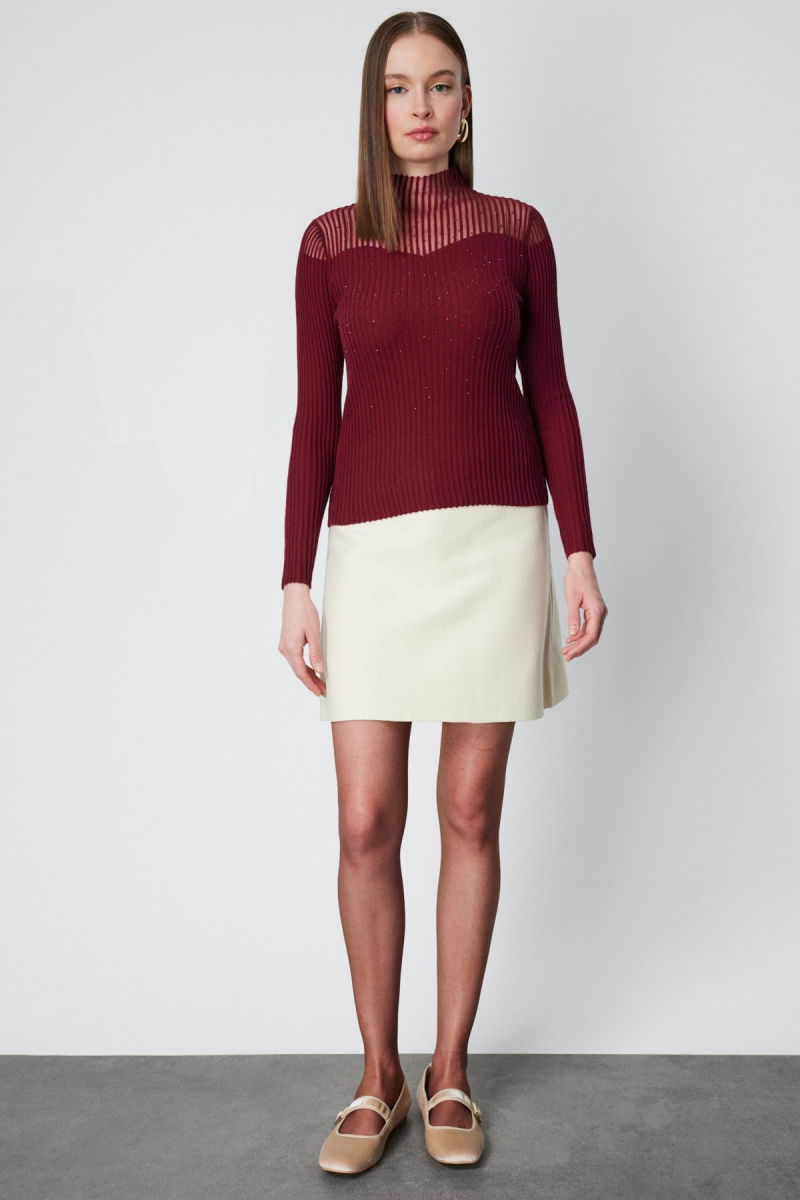 On Kadın Yakası Transparan Taşlı Triko Kazak 60340 Kırmızı - 3