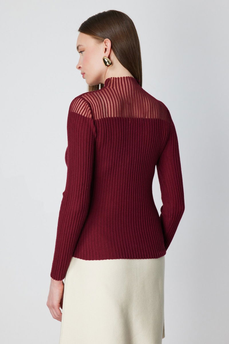 On Kadın Yakası Transparan Taşlı Triko Kazak 60340 Kırmızı - 4