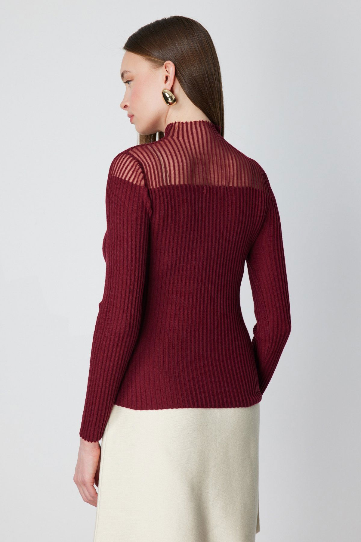 On Kadın Yakası Transparan Taşlı Triko Kazak 60340 Kırmızı - 4