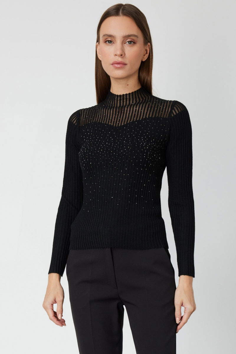 On Kadın Yakası Transparan Taşlı Triko Kazak 60340 Siyah - On