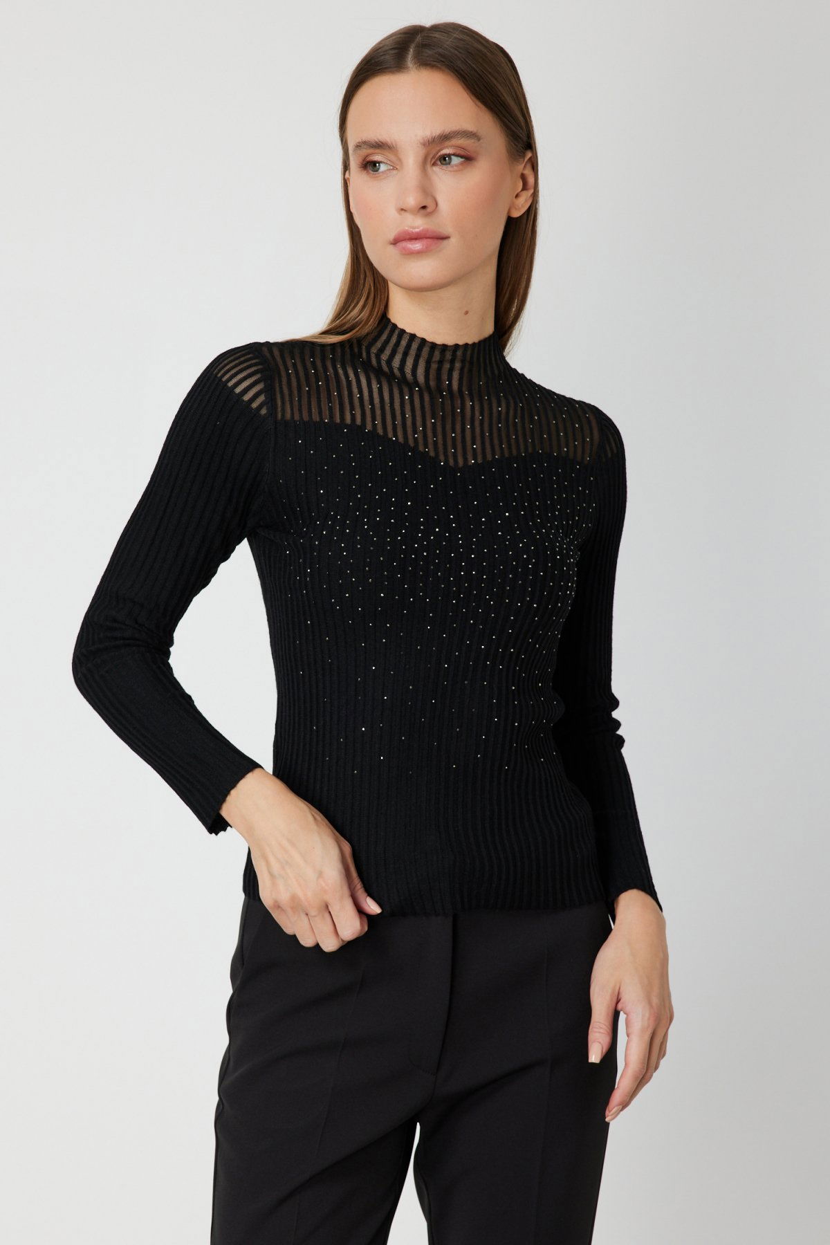 On Kadın Yakası Transparan Taşlı Triko Kazak 60340 Siyah - 2
