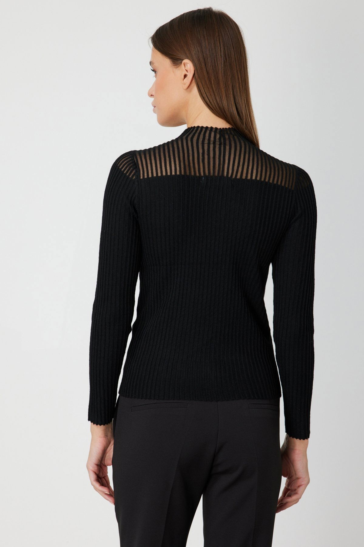 On Kadın Yakası Transparan Taşlı Triko Kazak 60340 Siyah - 4