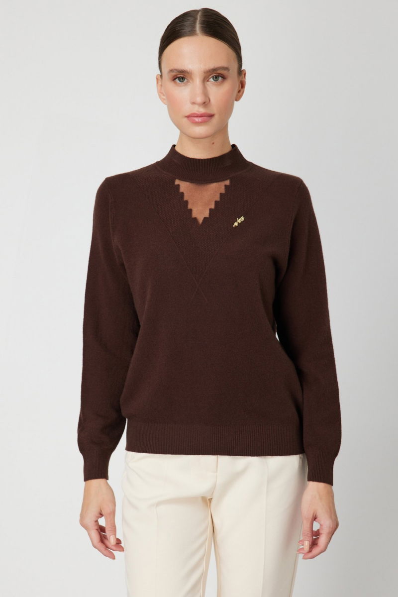 On Kadın Yakası Tül Detaylı Pamuklu Triko Kazak 60342 Kahverengi - On