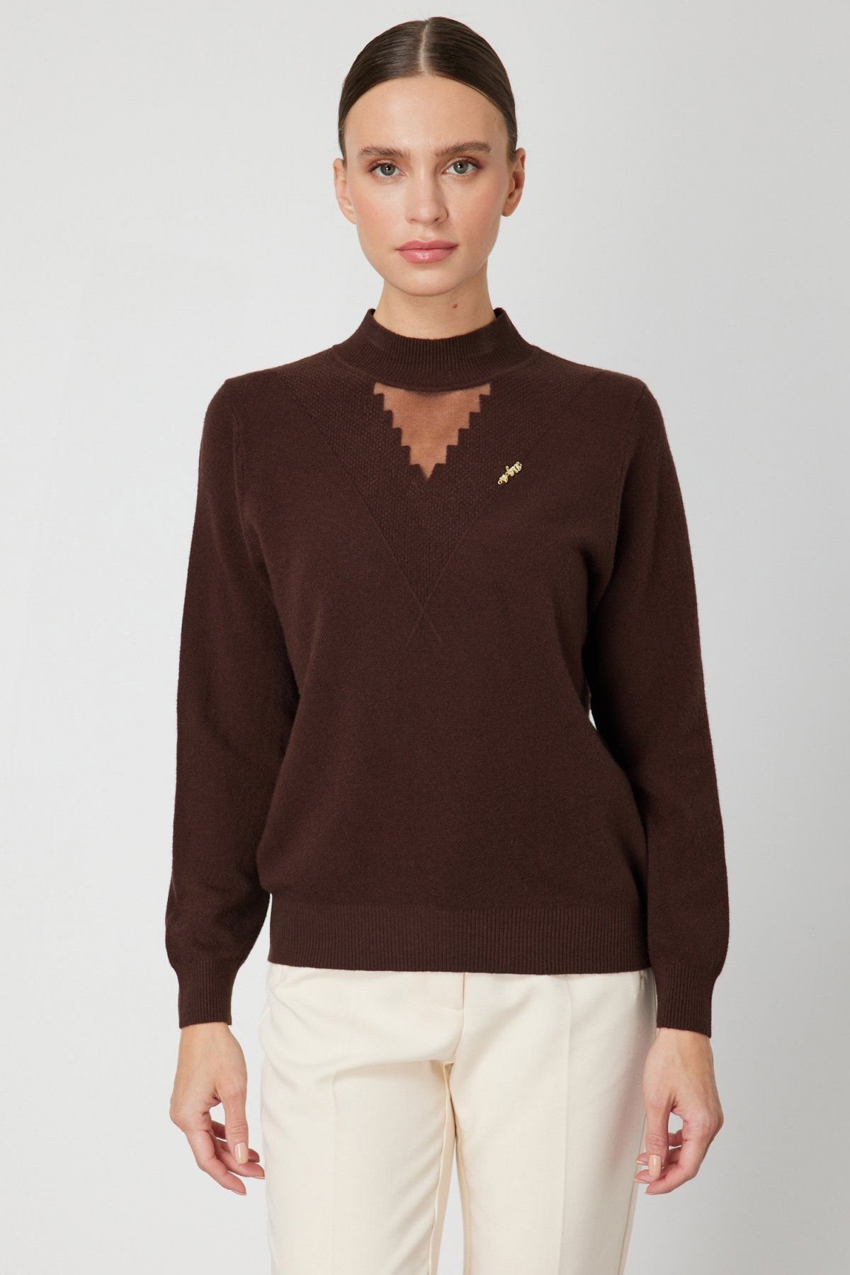 On Kadın Yakası Tül Detaylı Pamuklu Triko Kazak 60342 Kahverengi - 1