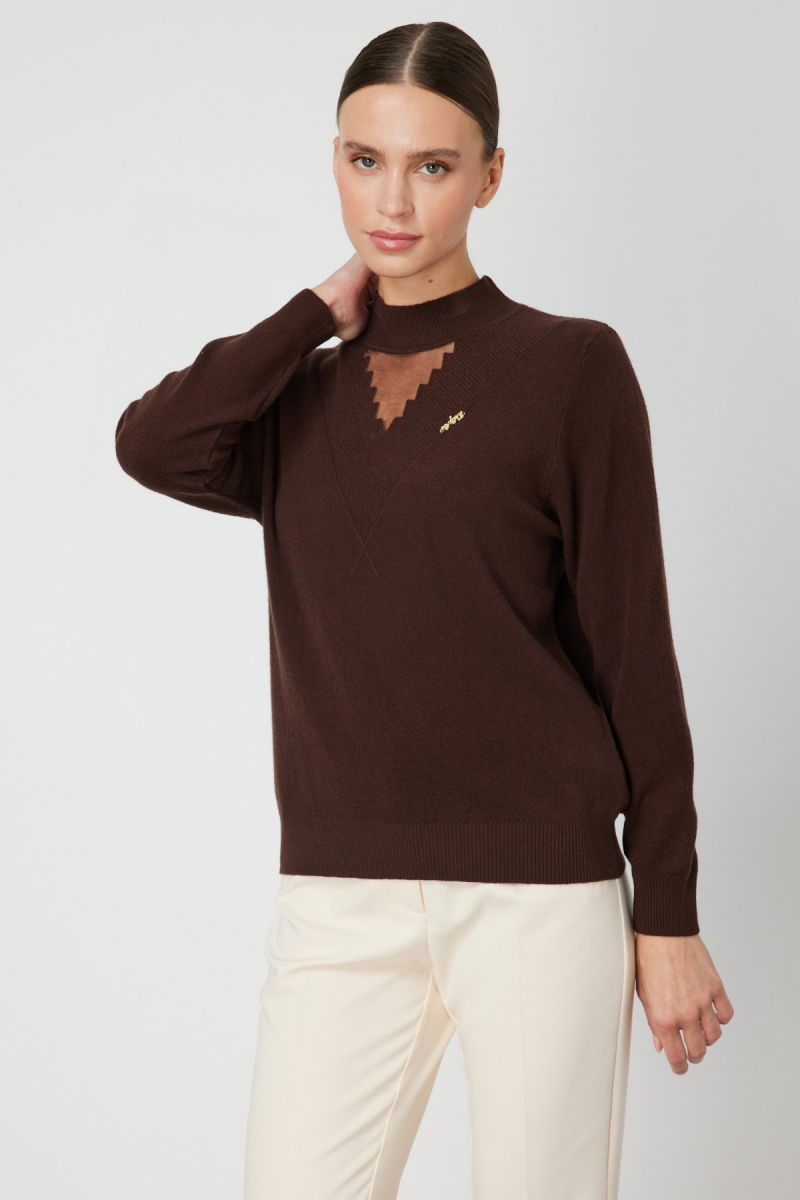 On Kadın Yakası Tül Detaylı Pamuklu Triko Kazak 60342 Kahverengi - 2