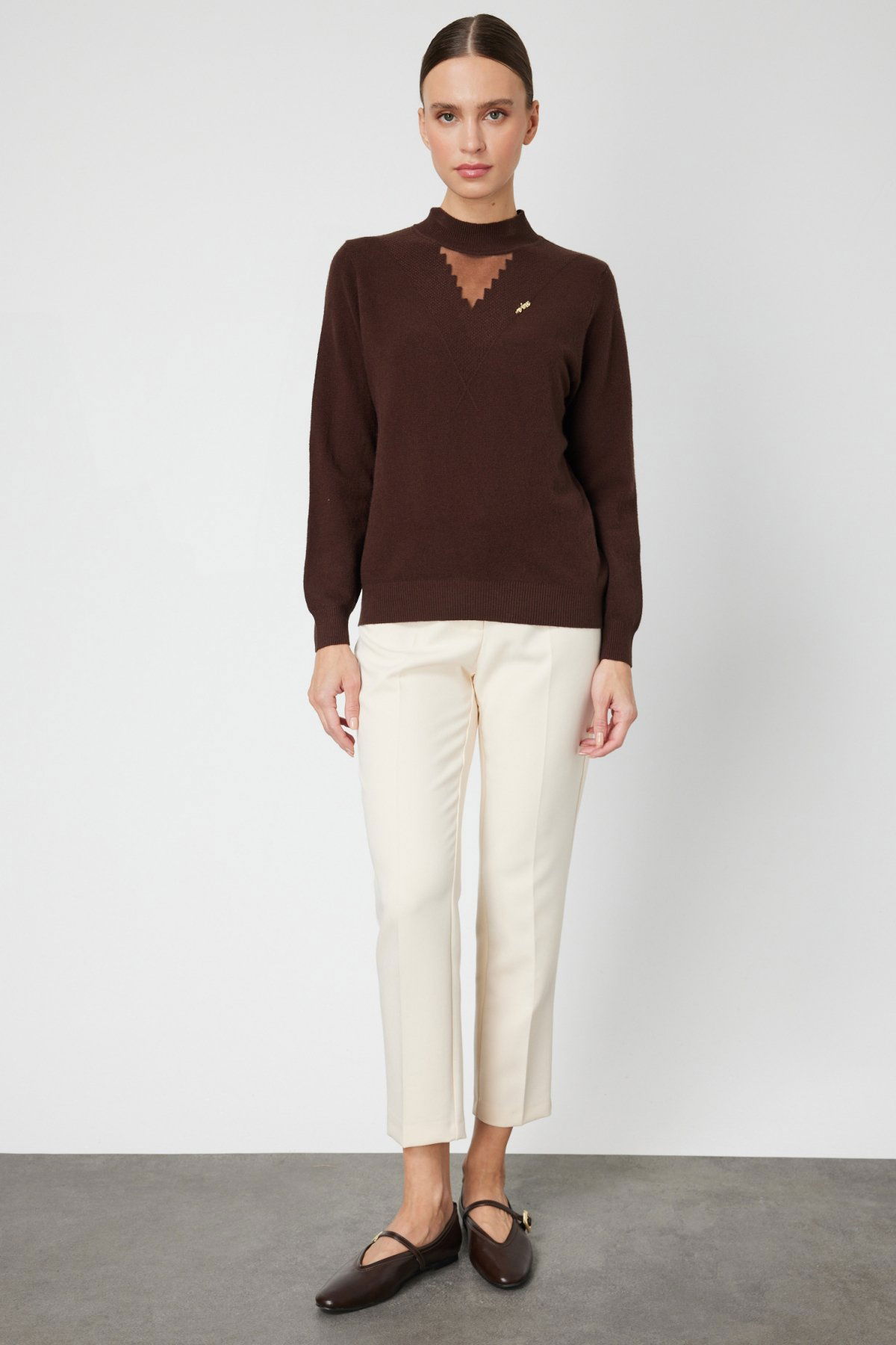 On Kadın Yakası Tül Detaylı Pamuklu Triko Kazak 60342 Kahverengi - 3