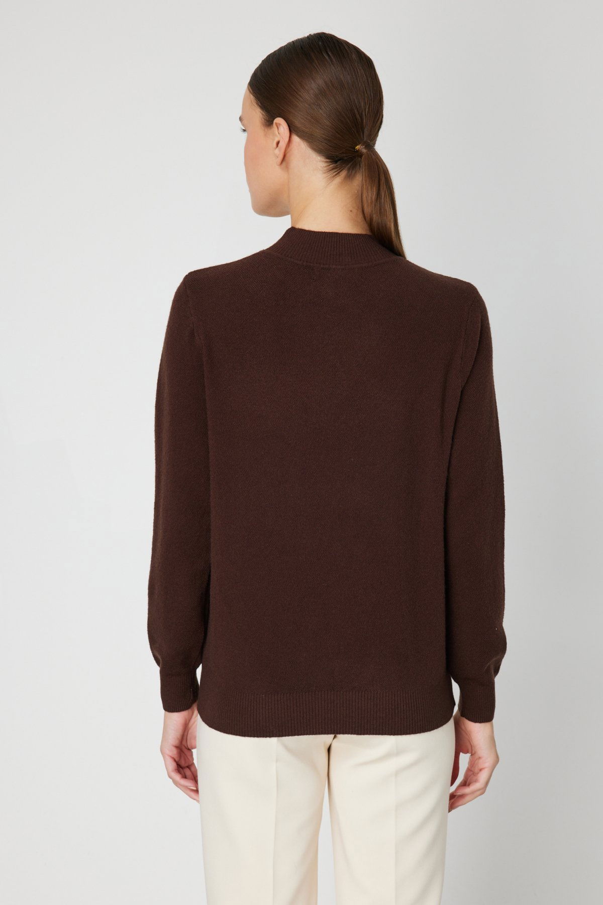 On Kadın Yakası Tül Detaylı Pamuklu Triko Kazak 60342 Kahverengi - 4