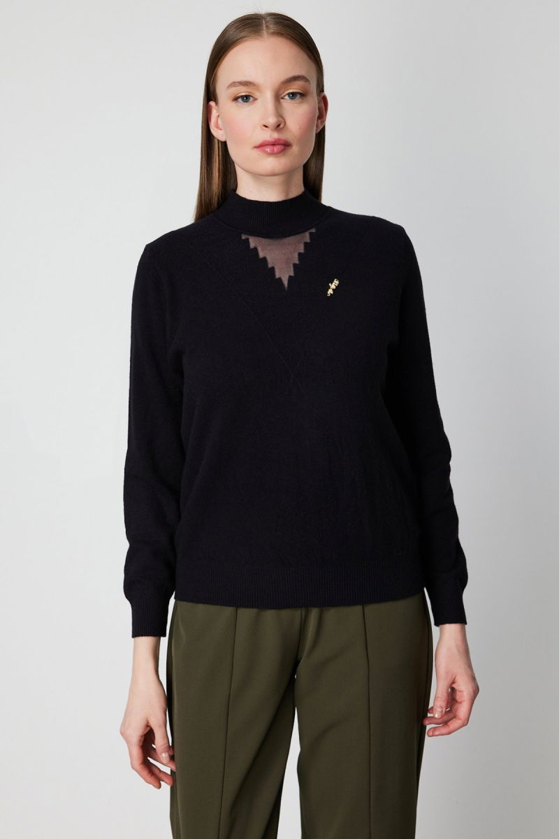 On Kadın Yakası Tül Detaylı Pamuklu Triko Kazak 60342 Siyah - On