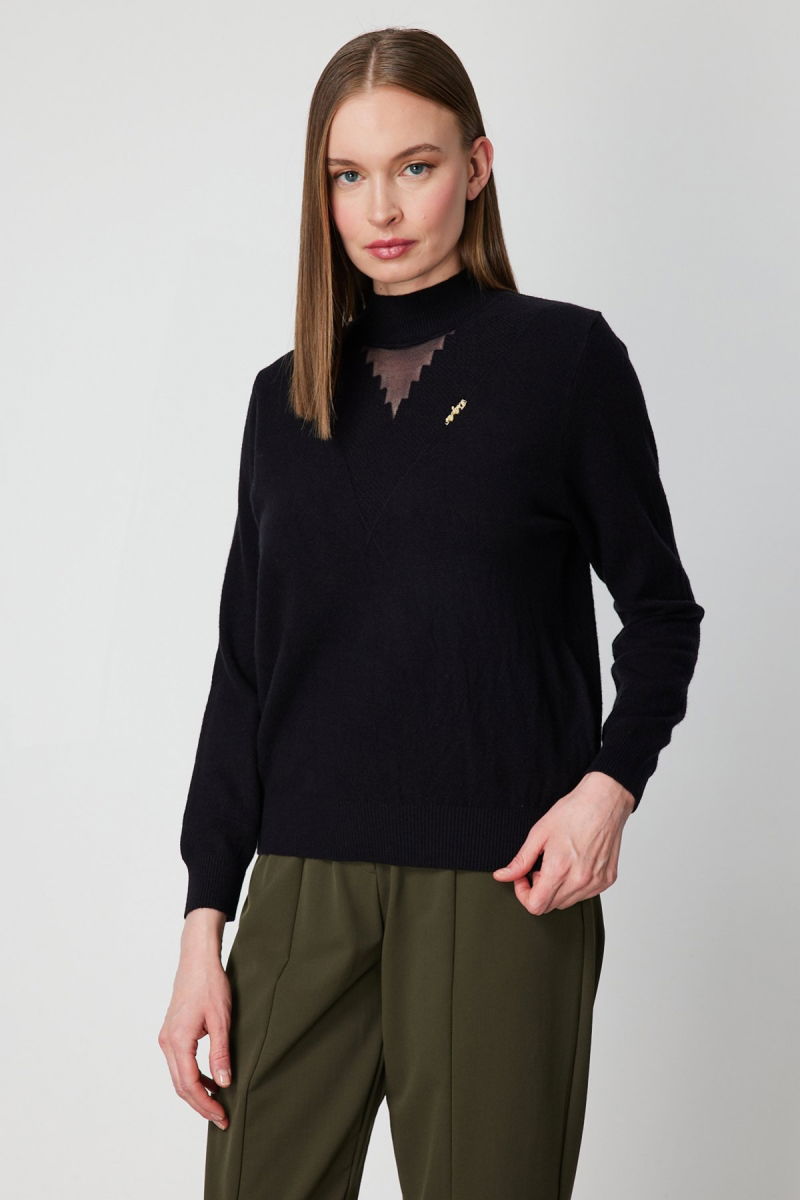 On Kadın Yakası Tül Detaylı Pamuklu Triko Kazak 60342 Siyah - 2