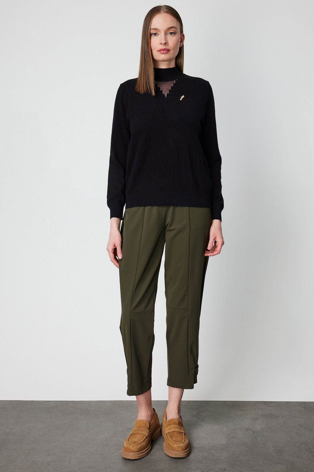 On Kadın Yakası Tül Detaylı Pamuklu Triko Kazak 60342 Siyah - 3