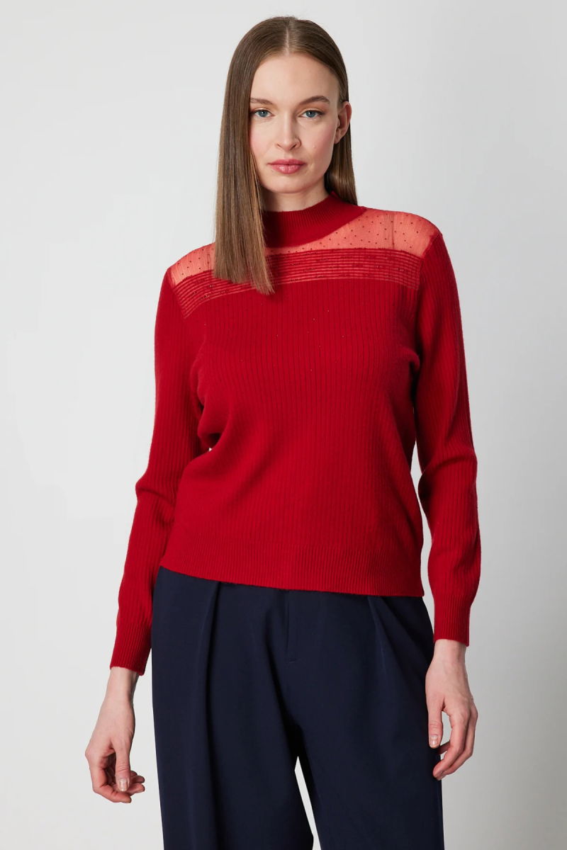 On Kadın Yakası Tül Detaylı Taşlı Triko Kazak 60343 Kırmızı - On