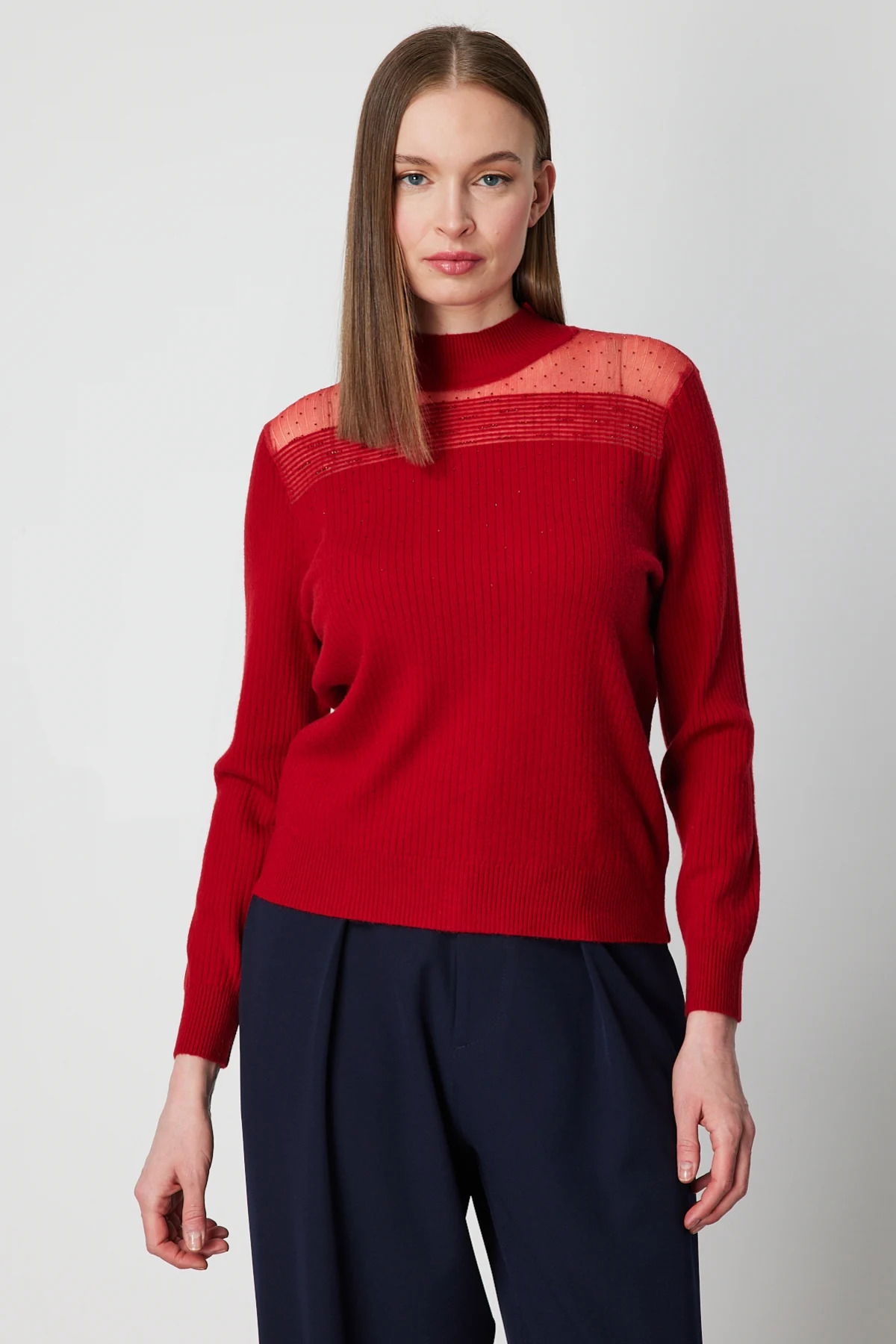 On Kadın Yakası Tül Detaylı Taşlı Triko Kazak 60343 Kırmızı - 1