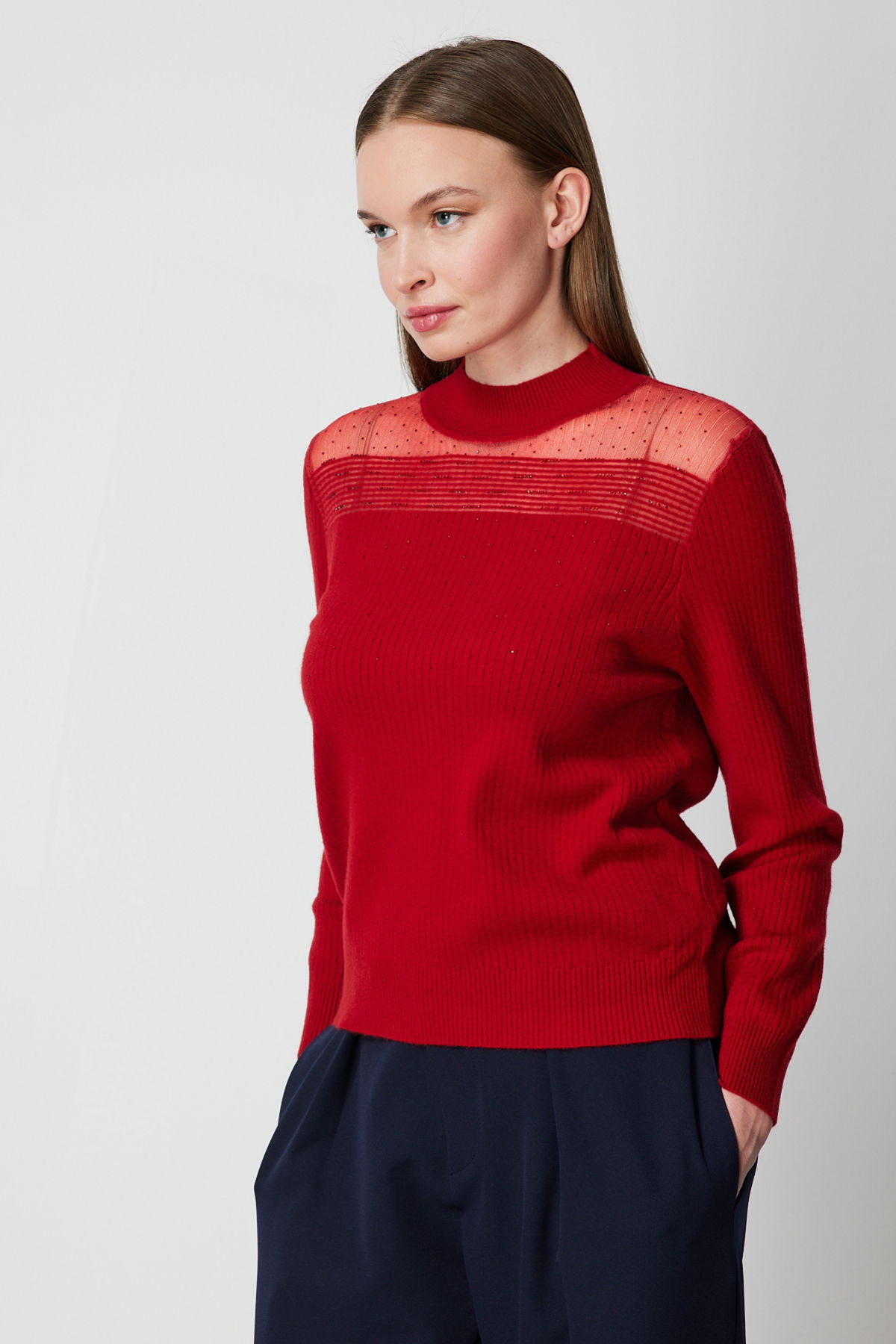 On Kadın Yakası Tül Detaylı Taşlı Triko Kazak 60343 Kırmızı - 2