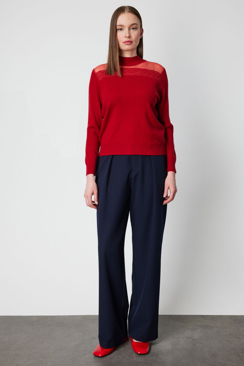 On Kadın Yakası Tül Detaylı Taşlı Triko Kazak 60343 Kırmızı - 3