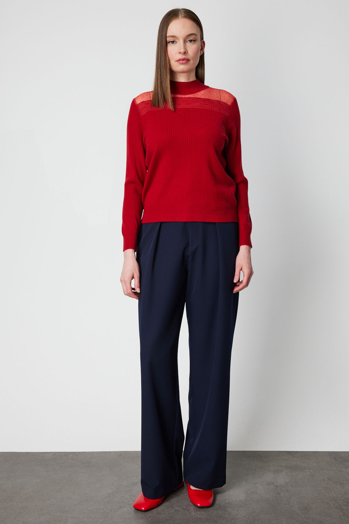 On Kadın Yakası Tül Detaylı Taşlı Triko Kazak 60343 Kırmızı - 3