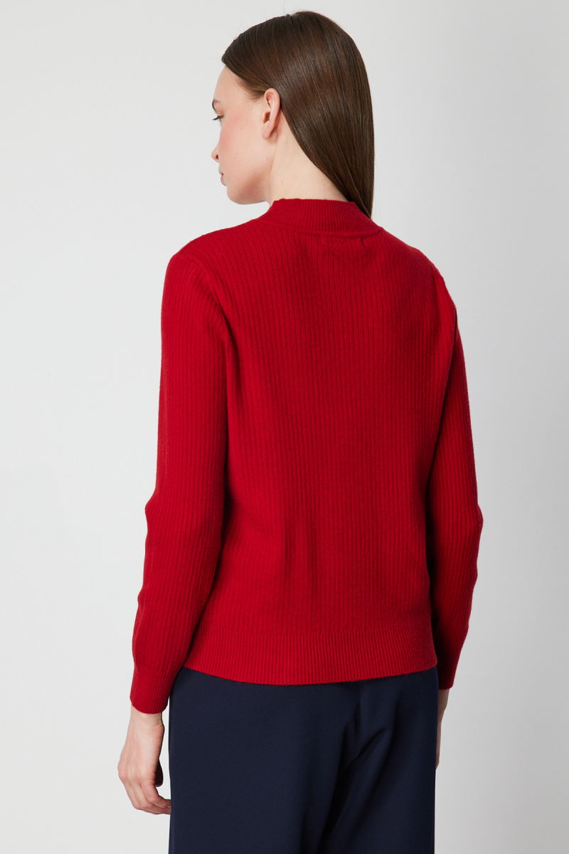 On Kadın Yakası Tül Detaylı Taşlı Triko Kazak 60343 Kırmızı - 4