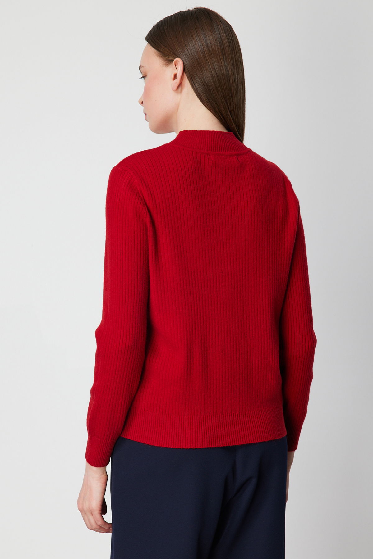 On Kadın Yakası Tül Detaylı Taşlı Triko Kazak 60343 Kırmızı - 4