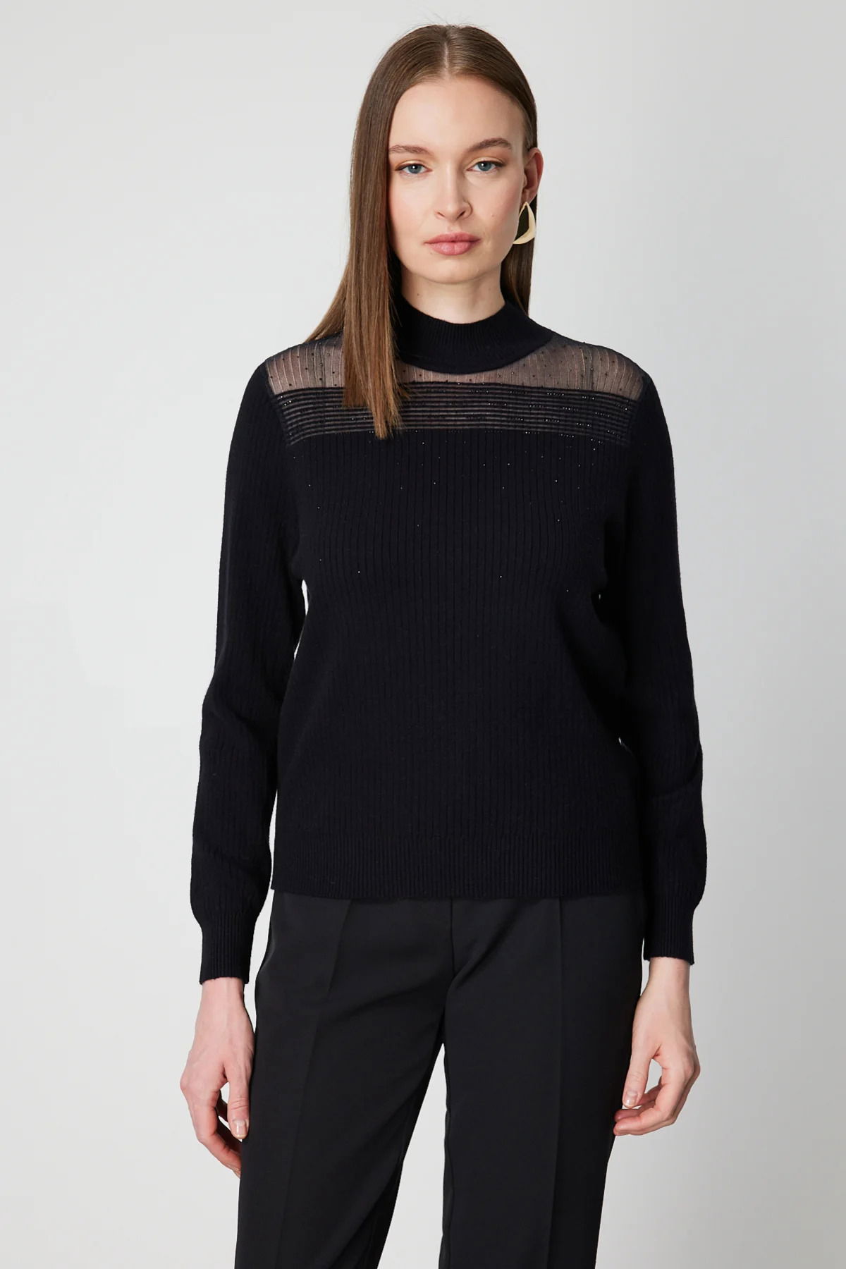 On Kadın Yakası Tül Detaylı Taşlı Triko Kazak 60343 Siyah - 1