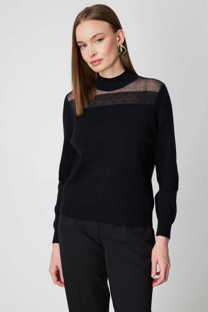 On Kadın Yakası Tül Detaylı Taşlı Triko Kazak 60343 Siyah - 2