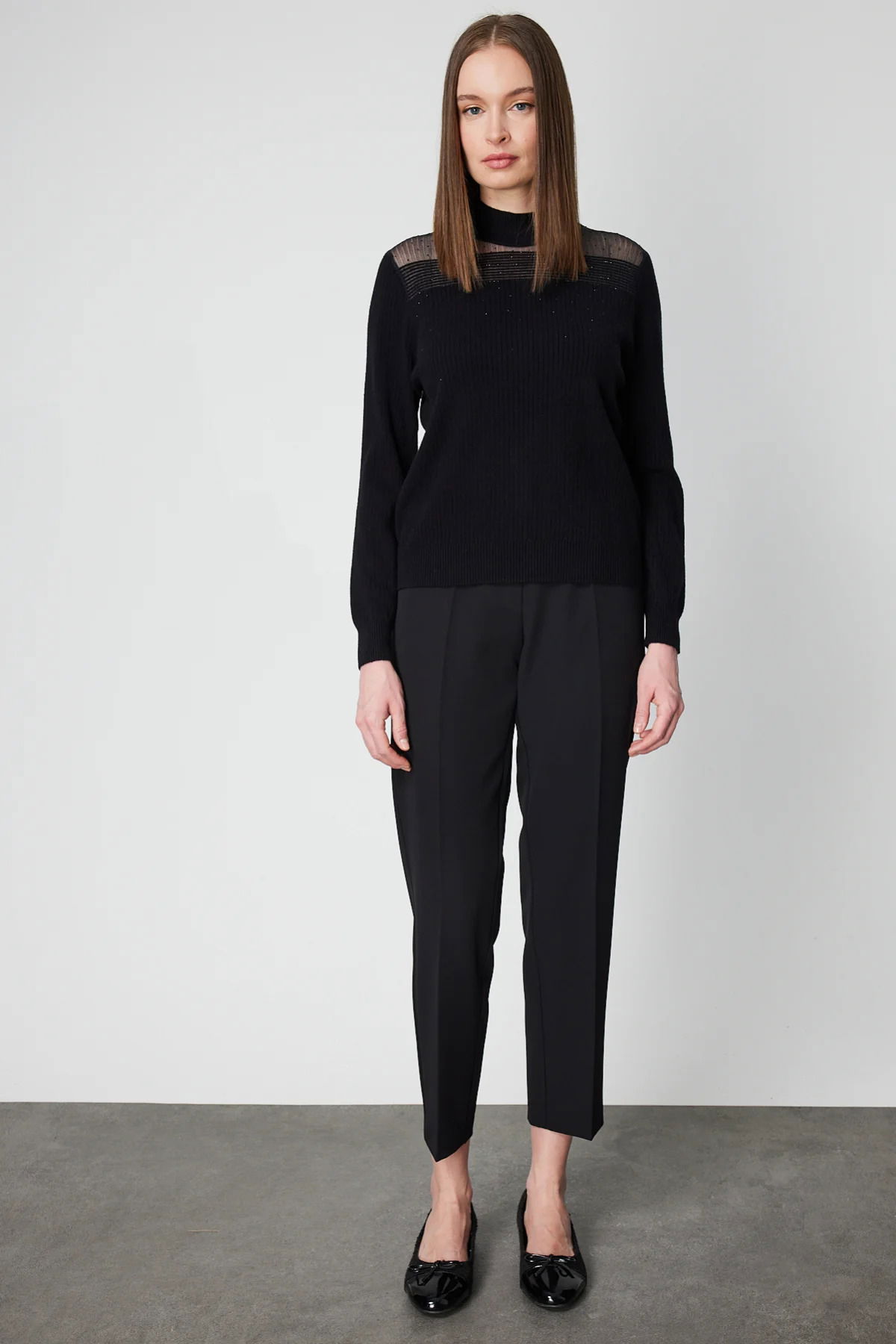 On Kadın Yakası Tül Detaylı Taşlı Triko Kazak 60343 Siyah - 3