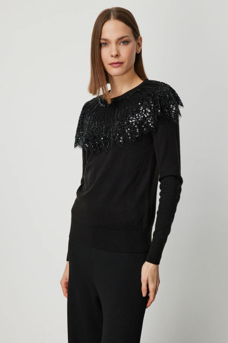 On Kadın Yakası Tüllü Taş İşlemeli Triko Kazak 66311 Siyah - 2