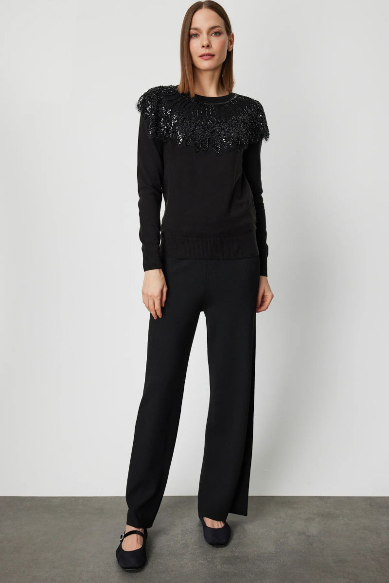 On Kadın Yakası Tüllü Taş İşlemeli Triko Kazak 66311 Siyah - 3