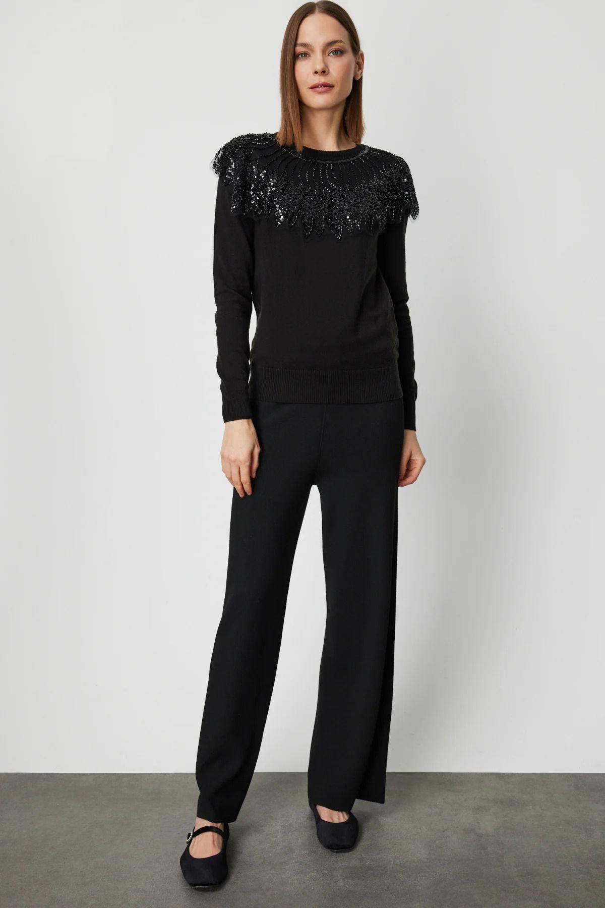 On Kadın Yakası Tüllü Taş İşlemeli Triko Kazak 66311 Siyah - 3