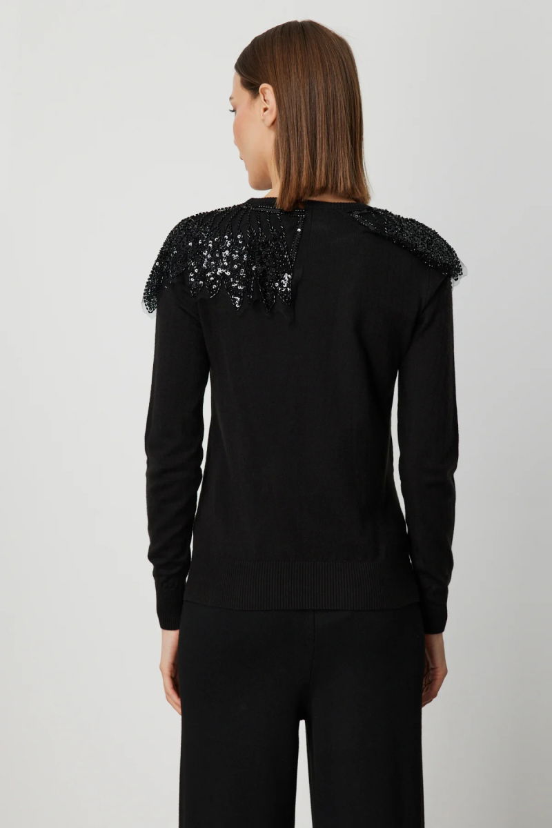 On Kadın Yakası Tüllü Taş İşlemeli Triko Kazak 66311 Siyah - 4
