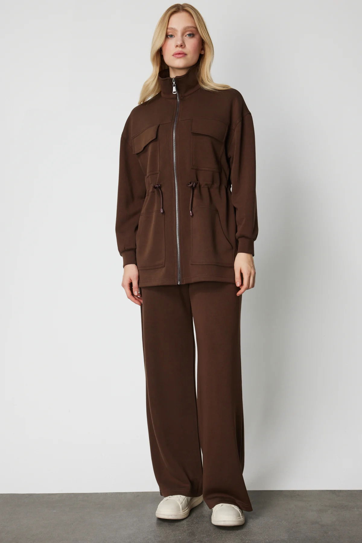 On Kadın Yan Cepli Bol Paça Eşofman Altı 66522 Kahverengi - 1