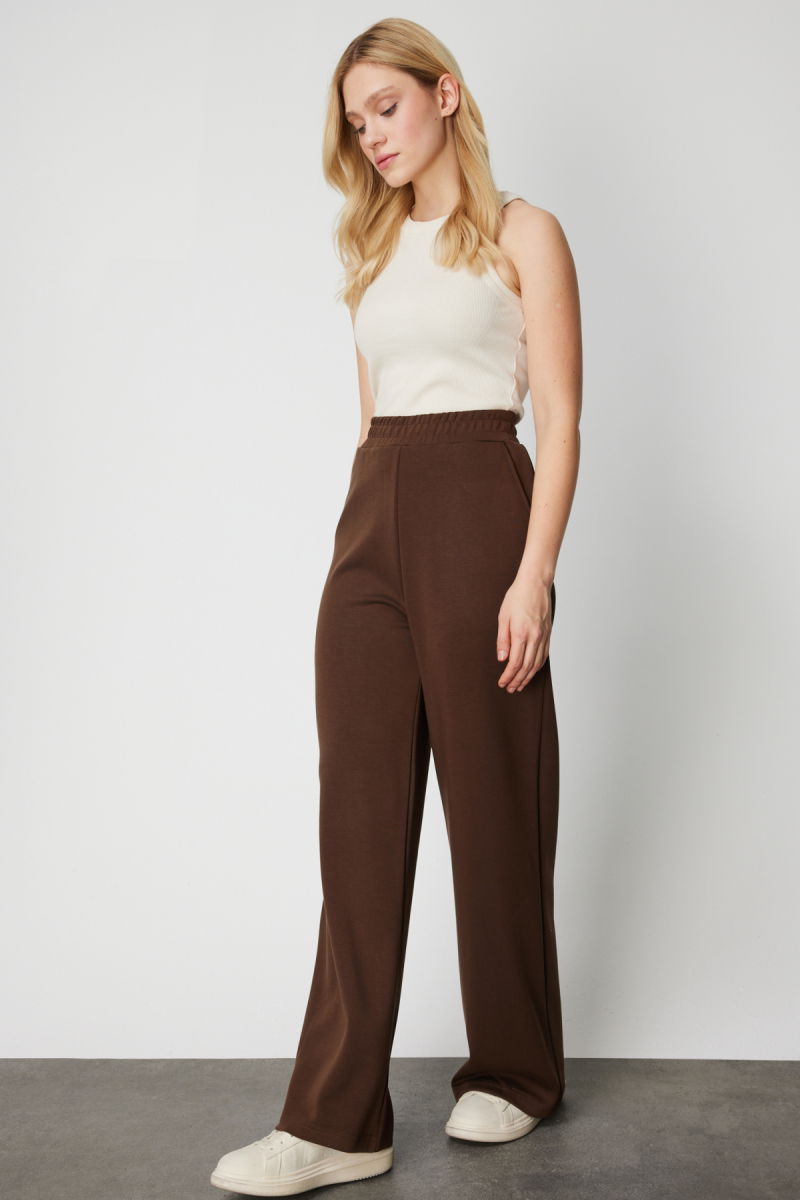 On Kadın Yan Cepli Bol Paça Eşofman Altı 66522 Kahverengi - 3