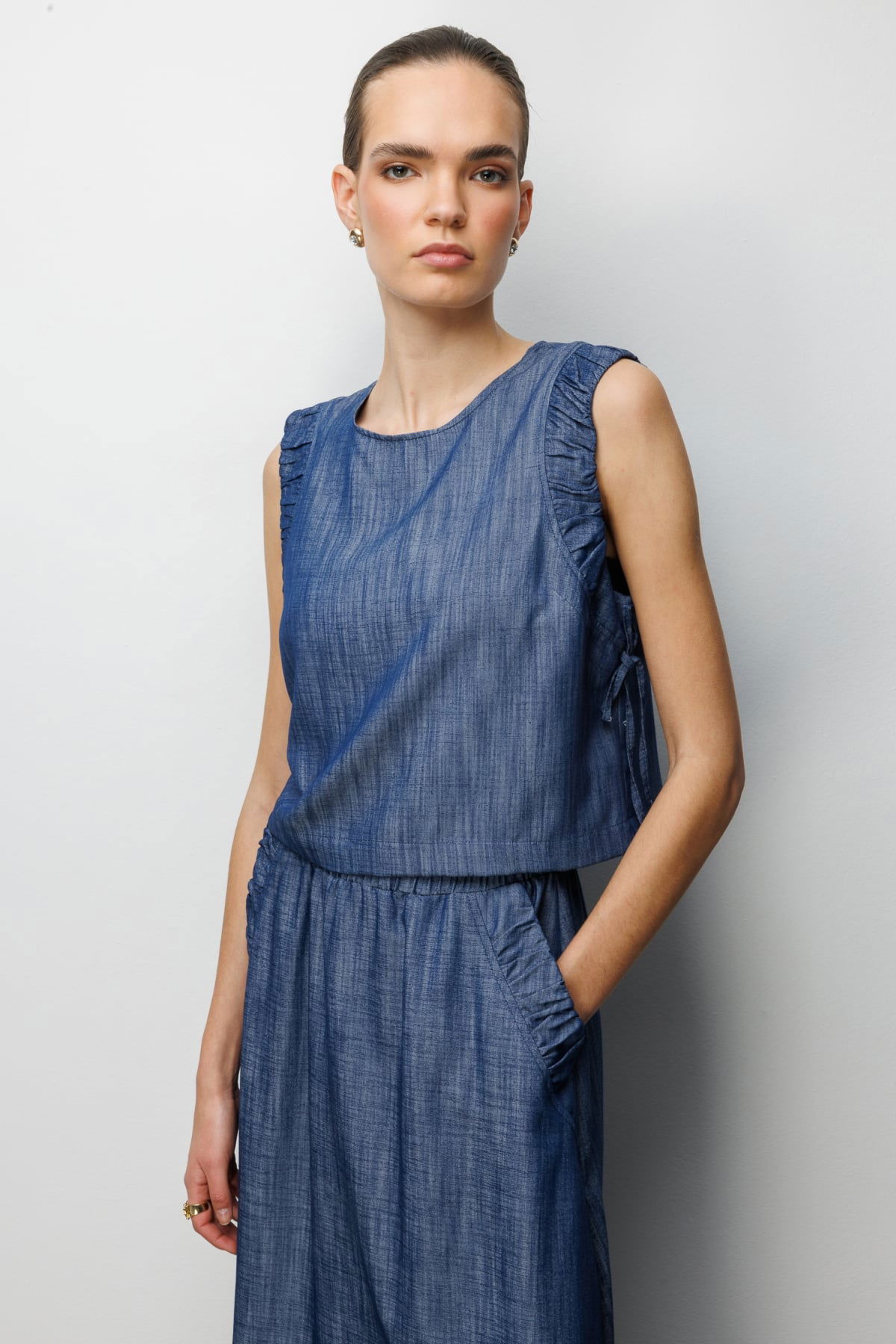 On Kadın Yanları Bağcıklı Crop Bluz 74320 Indigo - 1