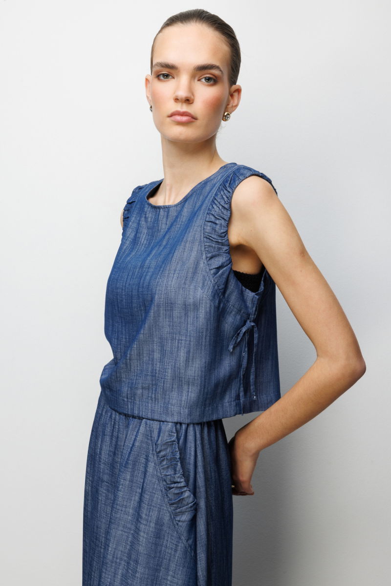 On Kadın Yanları Bağcıklı Crop Bluz 74320 Indigo - 2