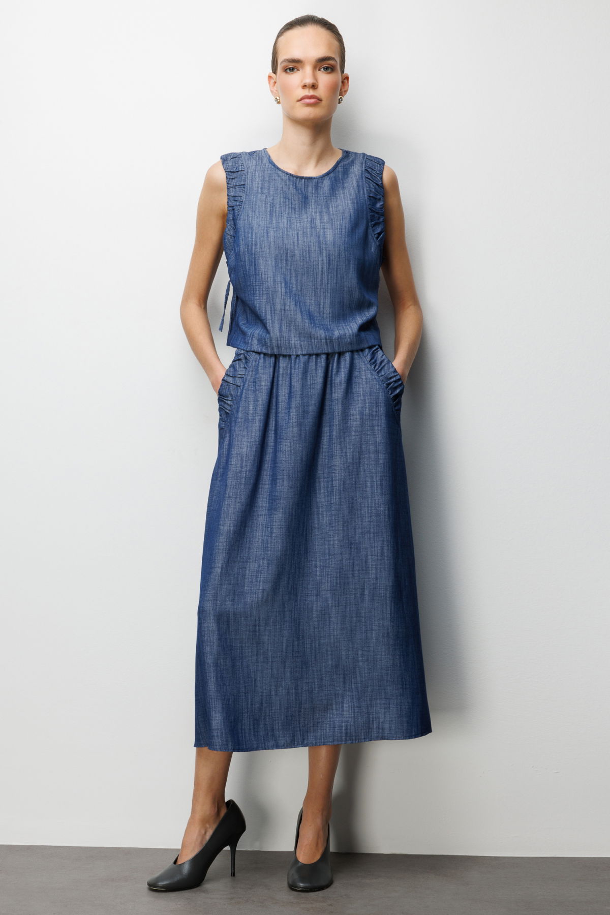 On Kadın Yanları Bağcıklı Crop Bluz 74320 Indigo - 3