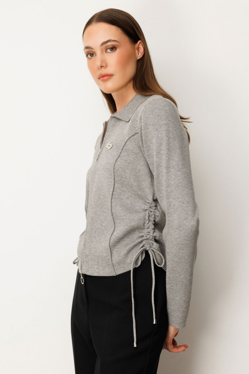 On Kadın Yanları Büzgü Detaylı Fermuarlı Hırka 63923 Gri - 2