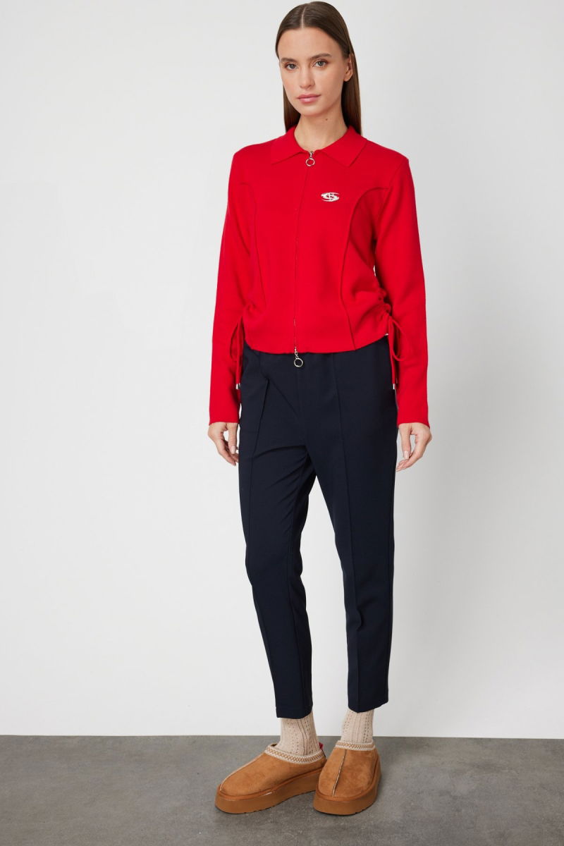 On Kadın Yanları Büzgü Detaylı Fermuarlı Hırka 63923 Kırmızı - 2