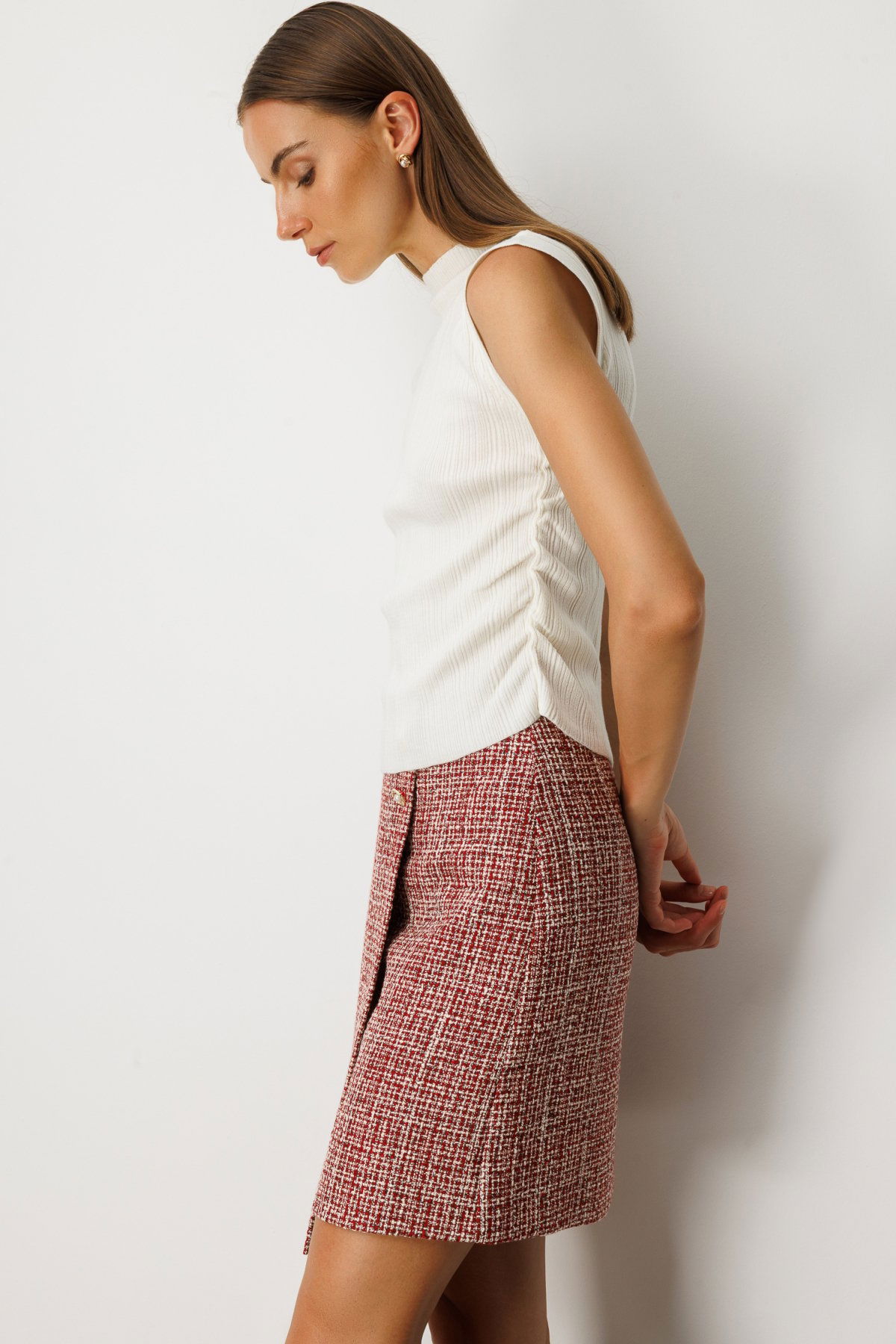 On Kadın Yanları Büzgülü Kolsuz Triko Kazak 65355 Ekru - 2