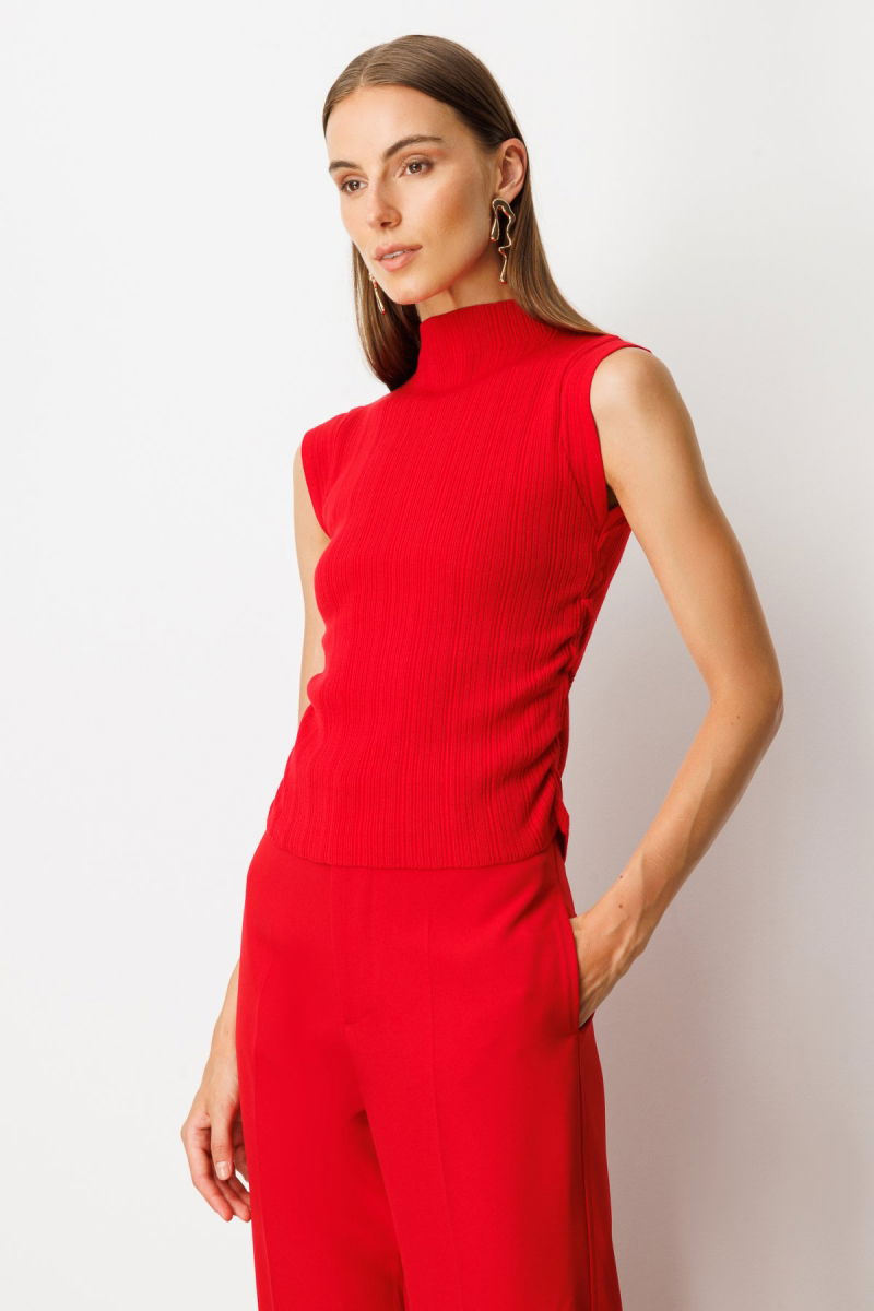 On Kadın Yanları Büzgülü Kolsuz Triko Kazak 65355 Kırmızı - 2