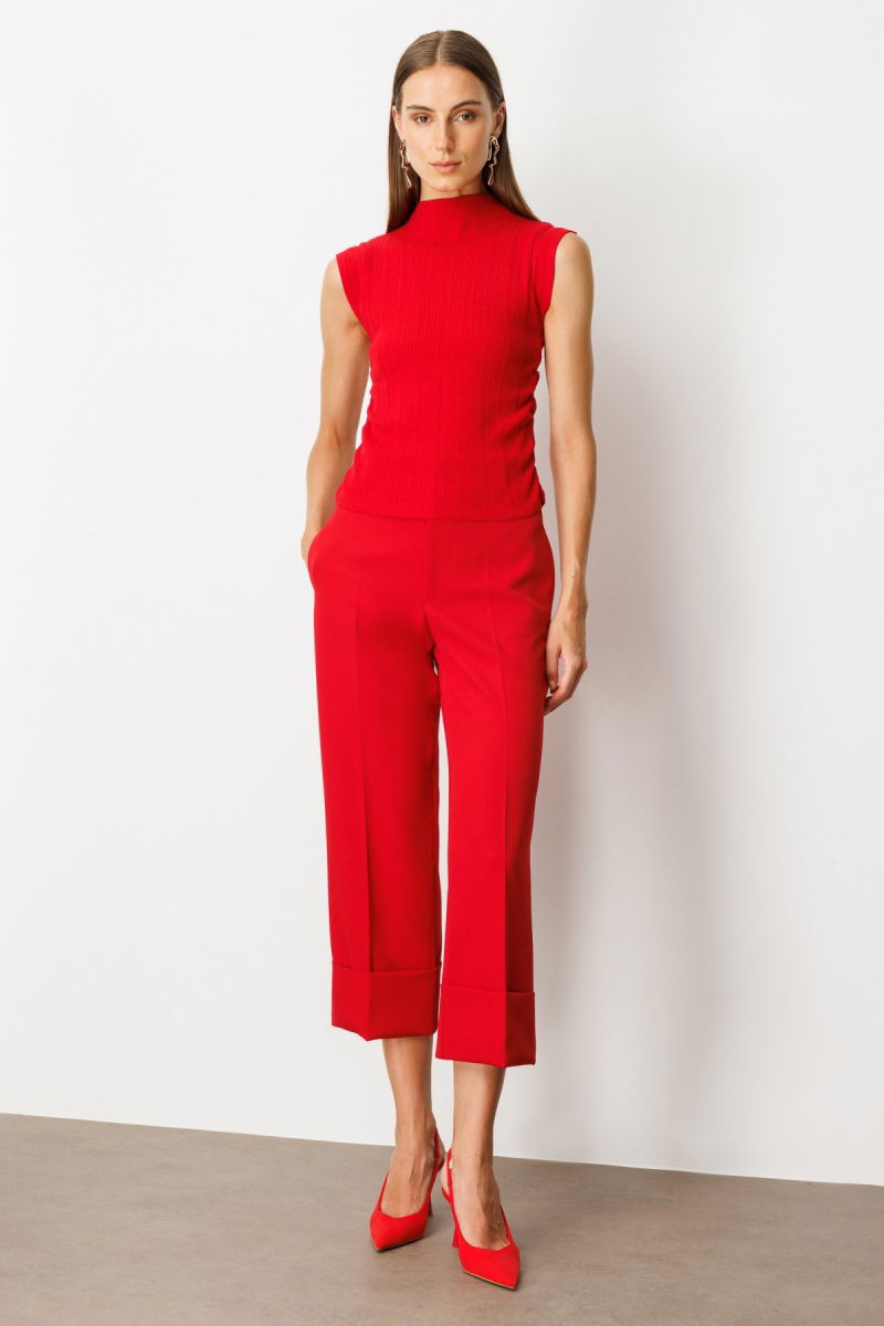 On Kadın Yanları Büzgülü Kolsuz Triko Kazak 65355 Kırmızı - 3