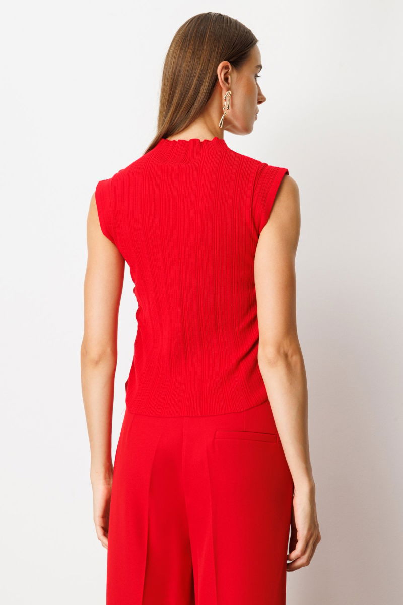 On Kadın Yanları Büzgülü Kolsuz Triko Kazak 65355 Kırmızı - 4
